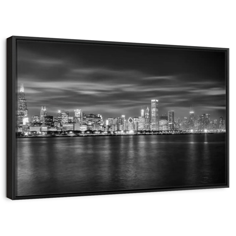 Chicago City - monochrome, 31 po x 21 po, Cadre flottant noir