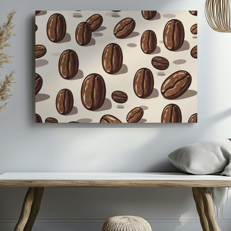 La toile crée un motif sans couture mettant en vedette un tableau de grains de café, dans des tons de brun variés, y compris l'art mural sur toile chocolat foncé