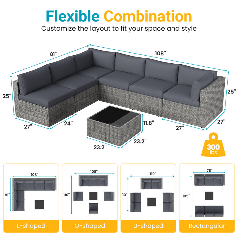 Wicker 6 - Person Modular Patio Conversation Set with Cushions, Gray Frame/Gray Cushion