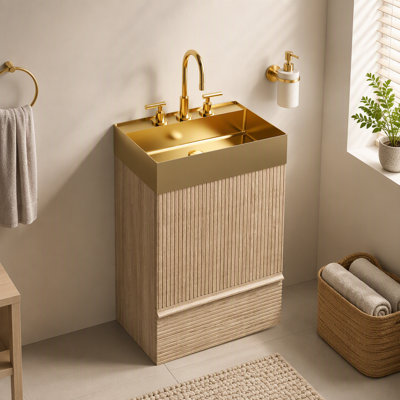 Meuble-lavabo rayé en chêne clair Gada de 20 po avec lavabo vasque en métal doré brossé intégré, armoire de salle de bain autoportante pour salle de bain moderne, lavabo une pièce en métal doré sans robinet, KD