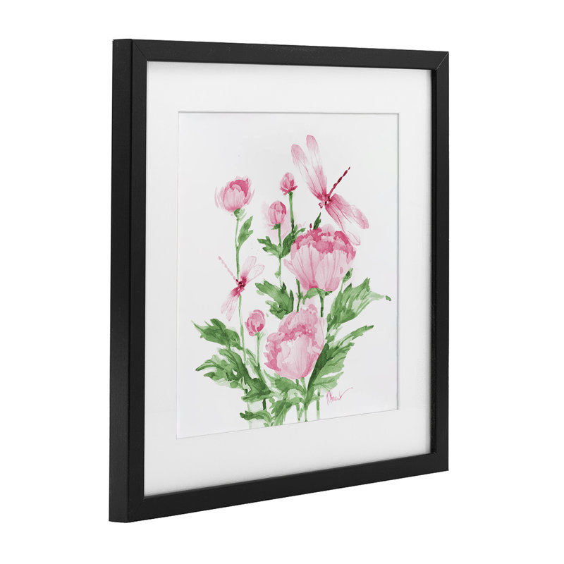 Pivoines de la province et libellule, reproduction sous verre, conception de Paul Brent, H 13 po x l 13 po, Cadre noir minuit