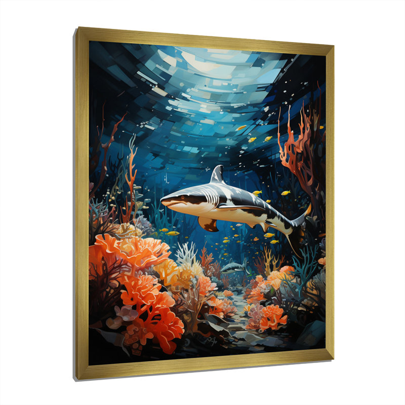 Teal Shark Animal Coastal Creatures " Teal Shark Animal Coastal Creatures ", Gold Picture Framed, 44" H x 34" W x 1.5" D