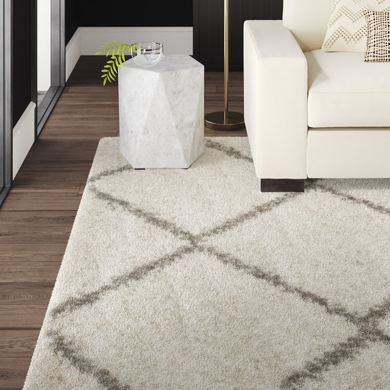 Darrold Shag Performance Geometric Rug, Rectangle 8' x 10', Ultra Plush 1.81", Ivory/Gray