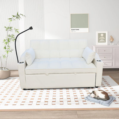 Canapé-lit convertible moderne avec lit gigogne, dossier inclinable, ports USB et rangement - causeuse 3-en-1 pour petits espaces