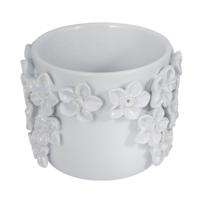 Sagebrook Home 7" Floral Applique Planter, White, White, 5" H x 6" W x 6" D