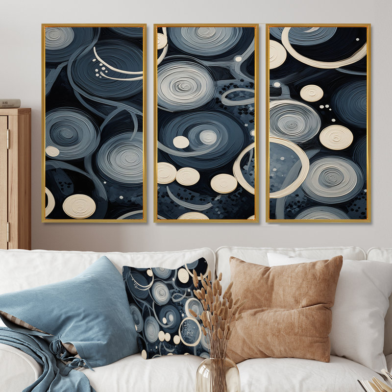 Ensemble de salon White Moons On Retro Blue - Geometric Wall Art, Cadre flottant doré, H 40 po x l 60 po x P 1 po