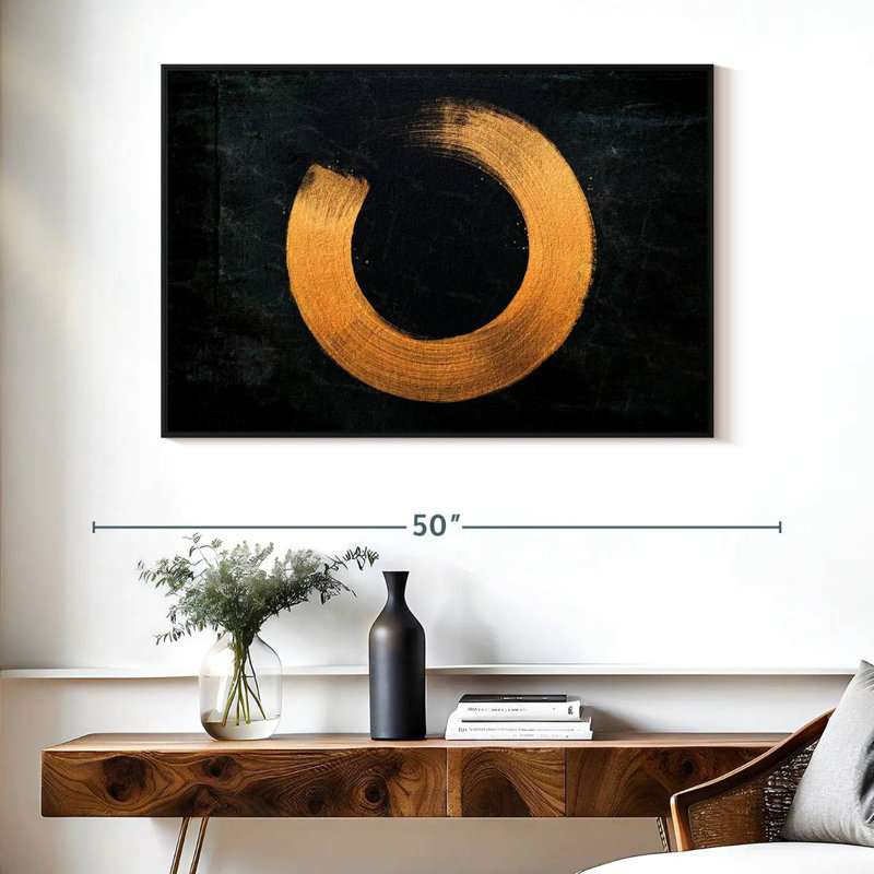 Cercle zen doré, Cadre flottant noir, 40 po x 27 po