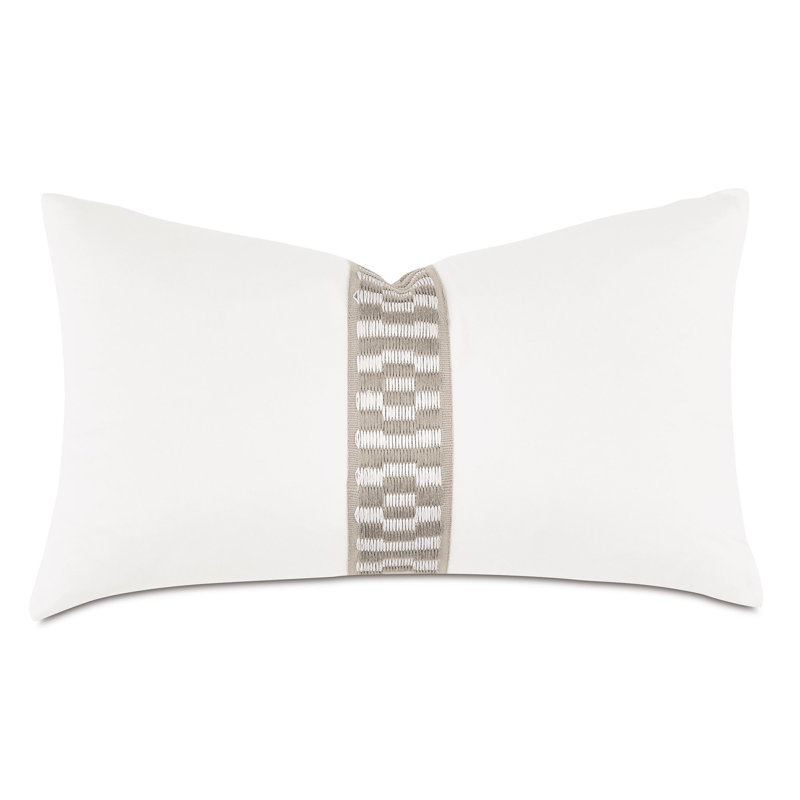 White Rectangular Cotton Pillow with Taupe Embroidered Trim