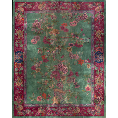Tapis à motif floral antique en laine noué à la main à motif floral vert des années 1920