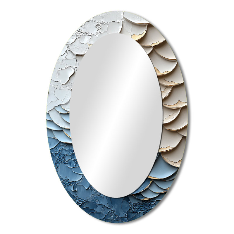 Miroir mural blanc et bleu I - Décoration murale ovale bleue, 36 po x 24 po