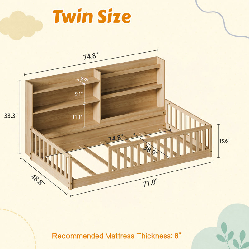 Lits avec rangement, lit de sol Montessori en pin massif pour chambre d'enfant, Brun