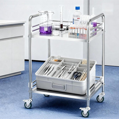 2-Tier Stainless Steel Rolling Utility Cart, 20.28" x 16.14" x 34.25" Medical Serving Trolley with Lockable Wheels, Heavy Duty Lab Cart for Hospital, Clinic, Kitchen & Salon
