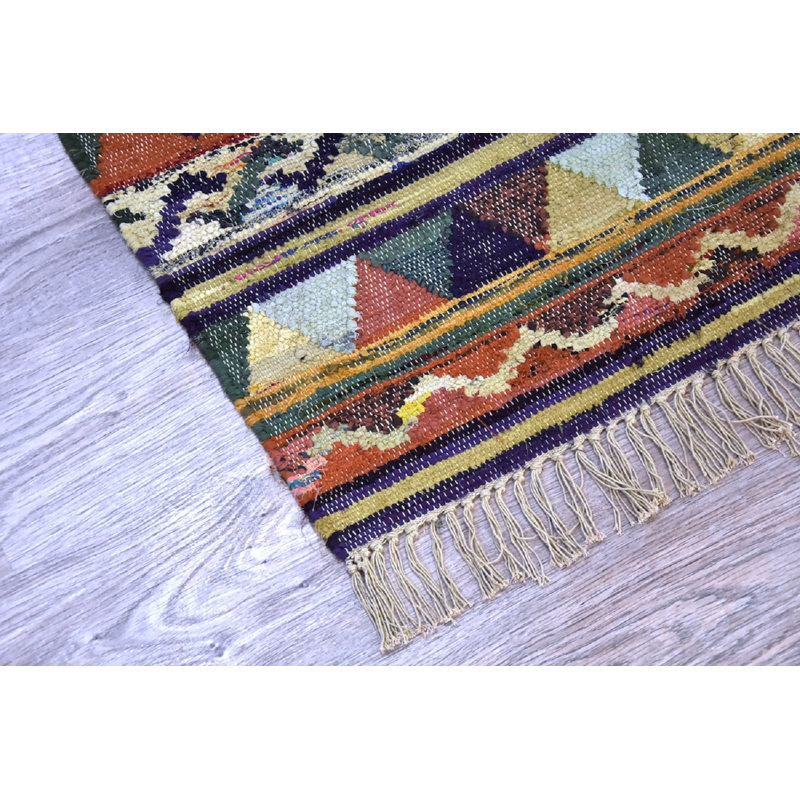 Tapis en coton jaune/orange fait main kilim Arjun, Rectangle 3 pi x 5 pi