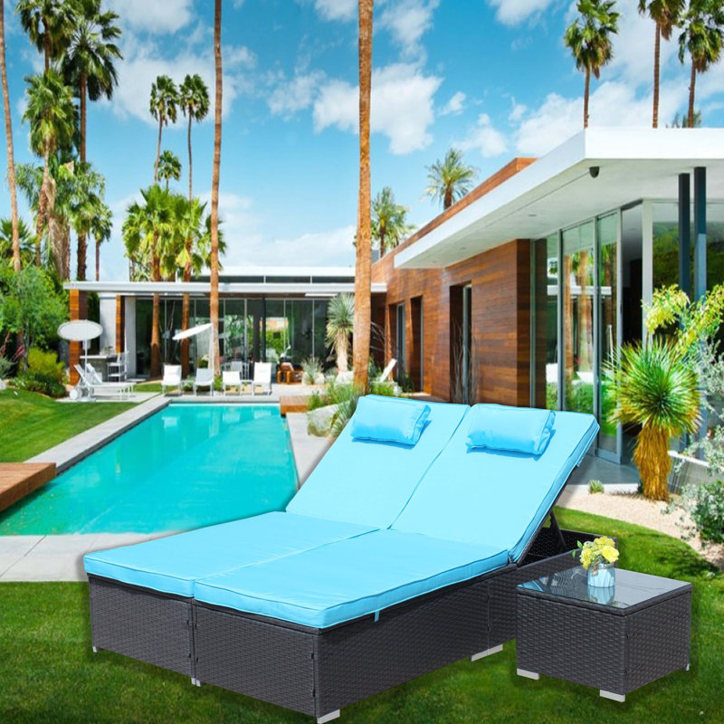 3-Piece Outdoor Patio Furniture Set Chaise Lounge, Patio Reclining Rattan Lounge Chair Chaise Couch Cushioned, Patio Seating Set