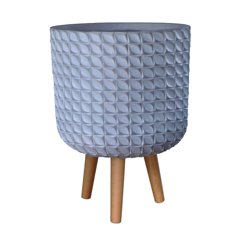 Geometric Patterned Cylinder Planter with Feet, Grey, 44cm H x 31cm W x 31cm D