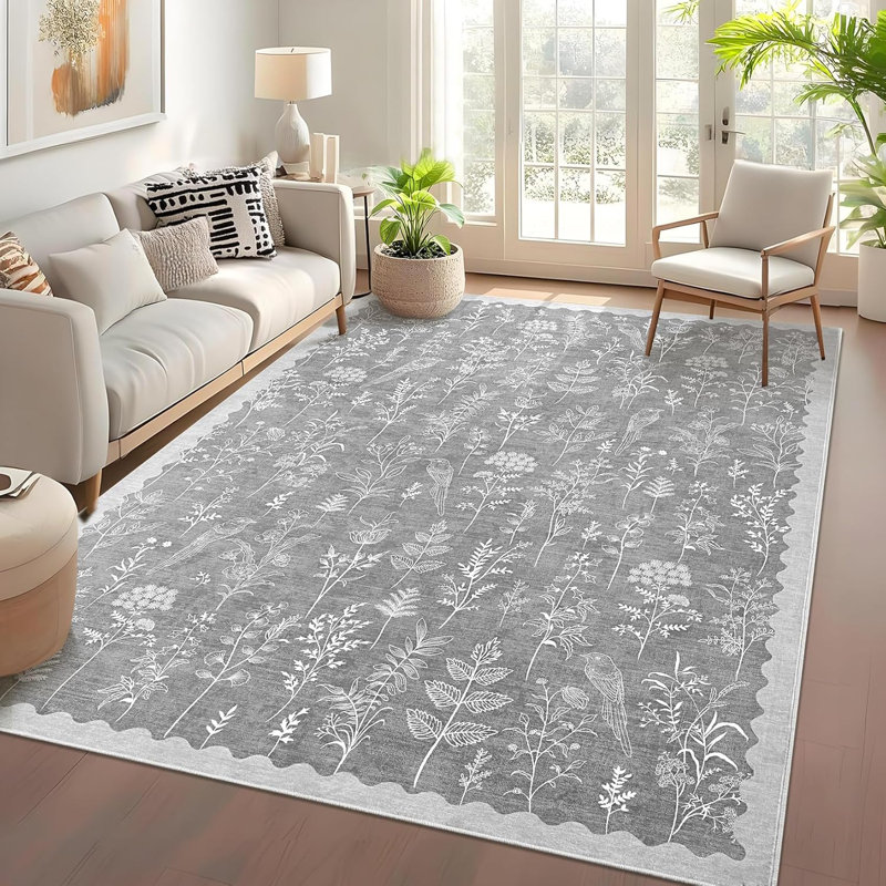 2x6 Washable Floral Runner Rug, Non-Slip, Low-Pile, Scalloped Pattern for Kitchen, Hallway, Laundry, Bathroom, Green