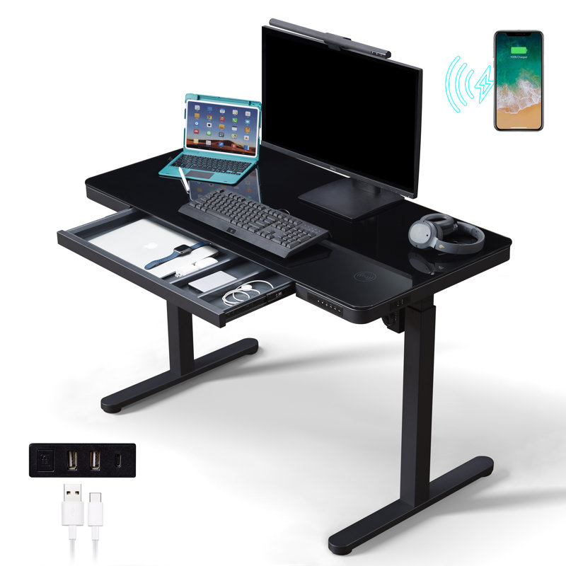 Almena Glass Top Standing Desk with Drawers & Wireless Charging, Black