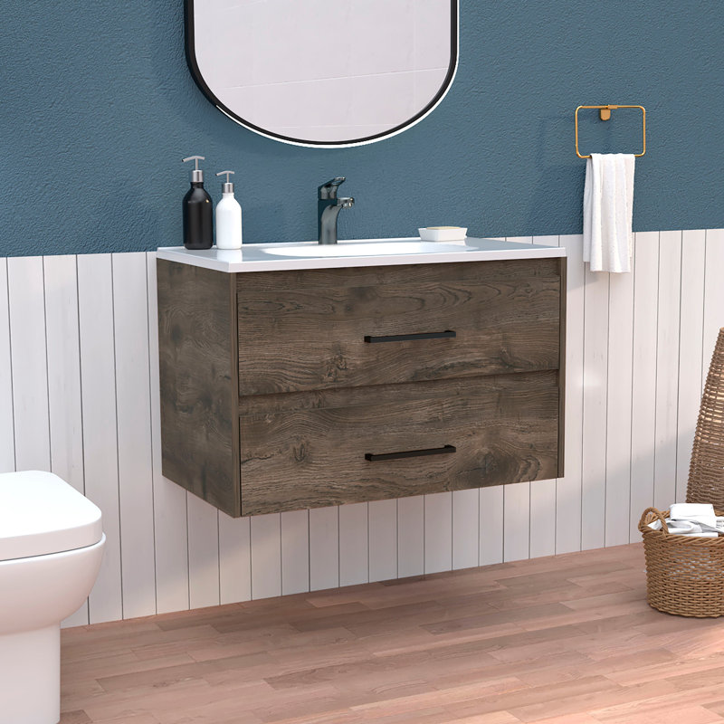 Cardova Floating Vanity Bathroom with 2-Drawers, Dark Brown / White -Bathroom