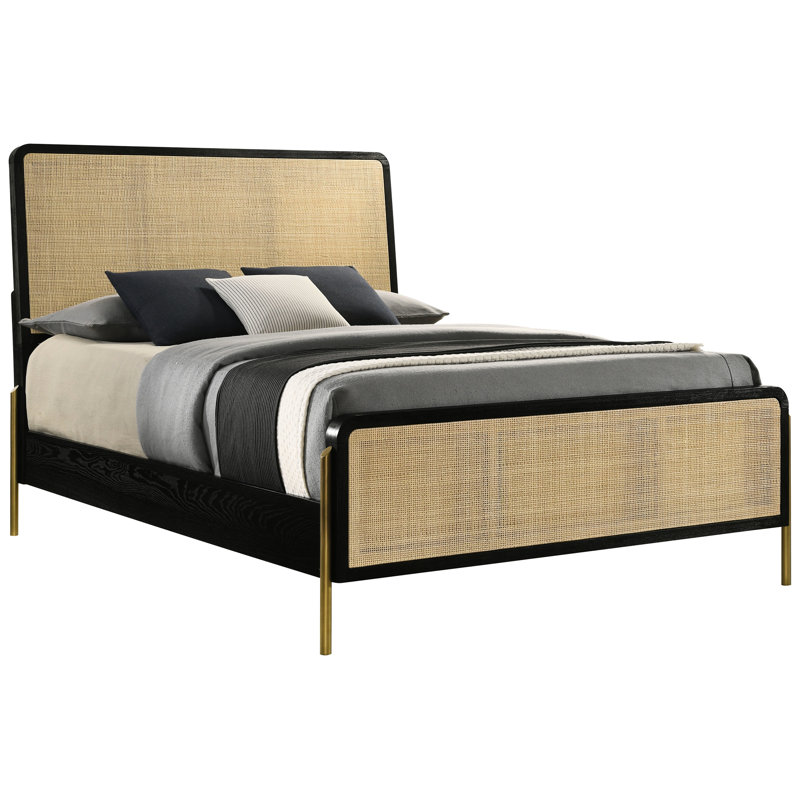 Très grand lit noir avec tissage, style côtier moderne, pieds dorés, coins arrondis à l'est et cadre, esthétique, bords pour la chambre à coucher