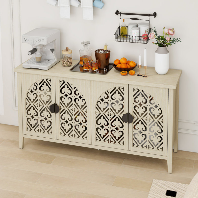 Armoire creuse avec 4 portes pour la chambre à coucher, le salon ou le bureau, motif d'attraction symétrique sur les panneaux de porte, poignées rondes en métal au toucher doux, pieds en bois massif, bon support, mur verrouillable