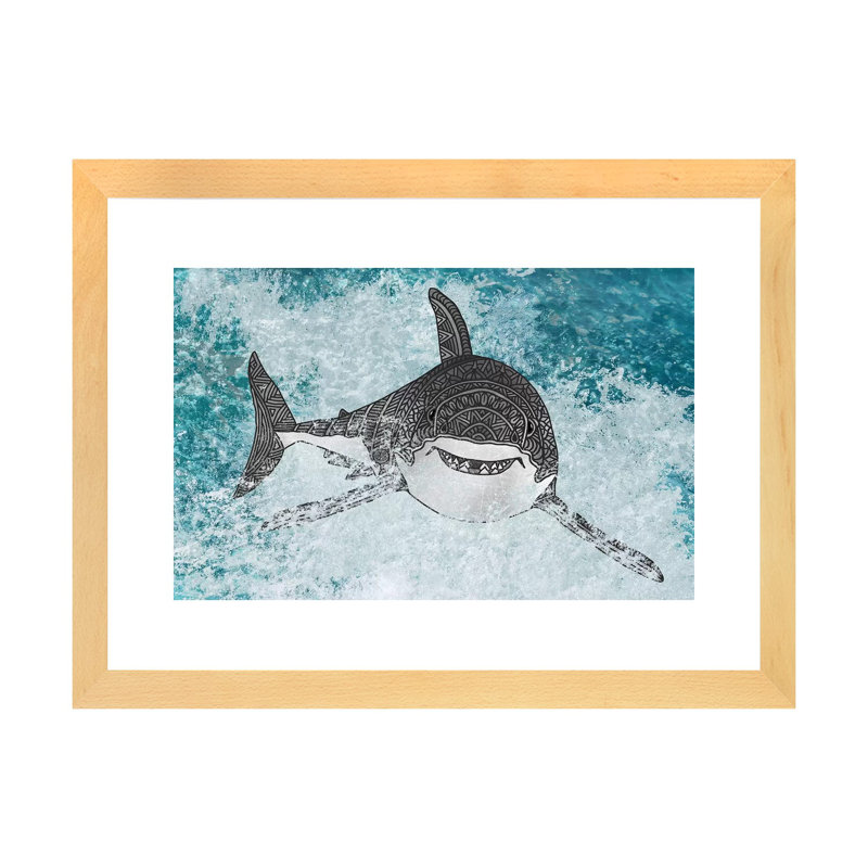 " Shark " by Angelika Parker, Beige Wood Framed Paper, White, 16" H x 24" W x 1" D