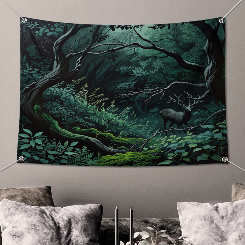 Tapisserie murale forêt dense avec cerf, H 68 po x l 80 po avec 4 œillets