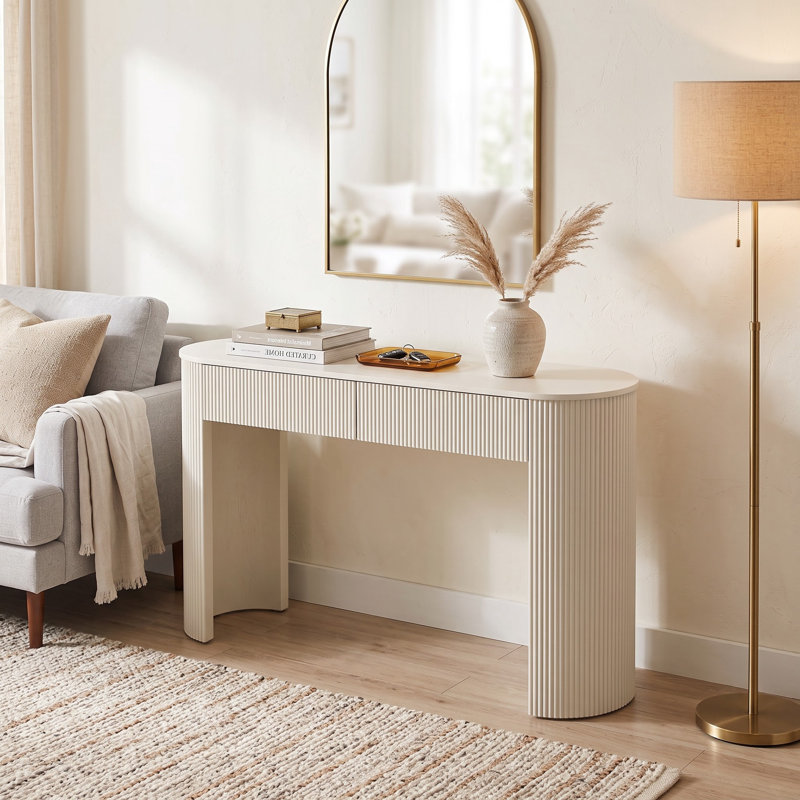 Console moderne avec façades de tiroirs cannelées, plateau ovale et pieds incurvés de style colonne – Table de rangement d'entrée avec 2 tiroirs pour salon et couloir