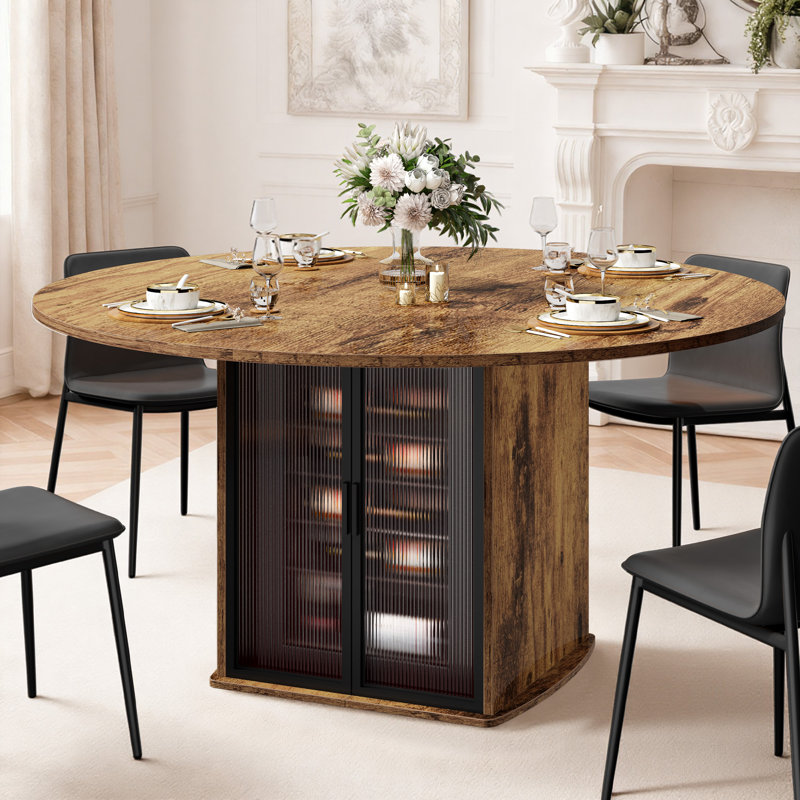 Round Dining Table With Fridge Space, Modern White Faux Marble Kitchen Tables,wood Dining Room Table With Storage Shelf, Circle Dinner Tables For Home