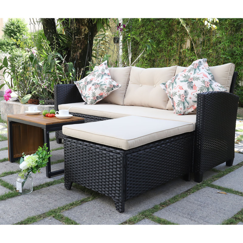 Outdoor Wicker Patio Conversation Furniture Set With Acacia Wood Coffee Table