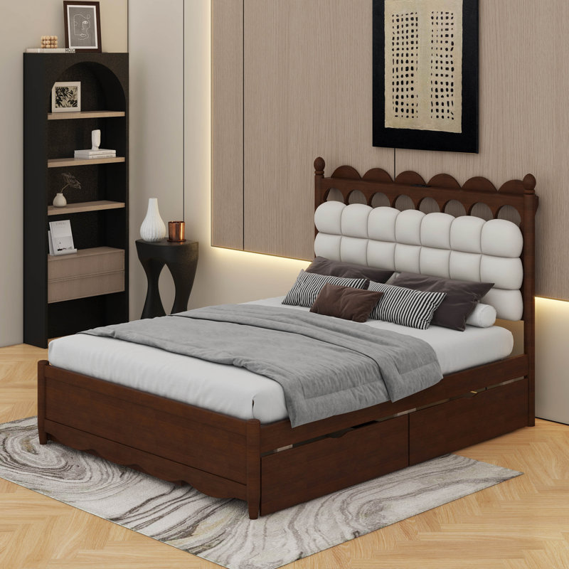 Grand lit plateforme en bois avec 2 grands tiroirs et lit gigogne simple TG, Noyer