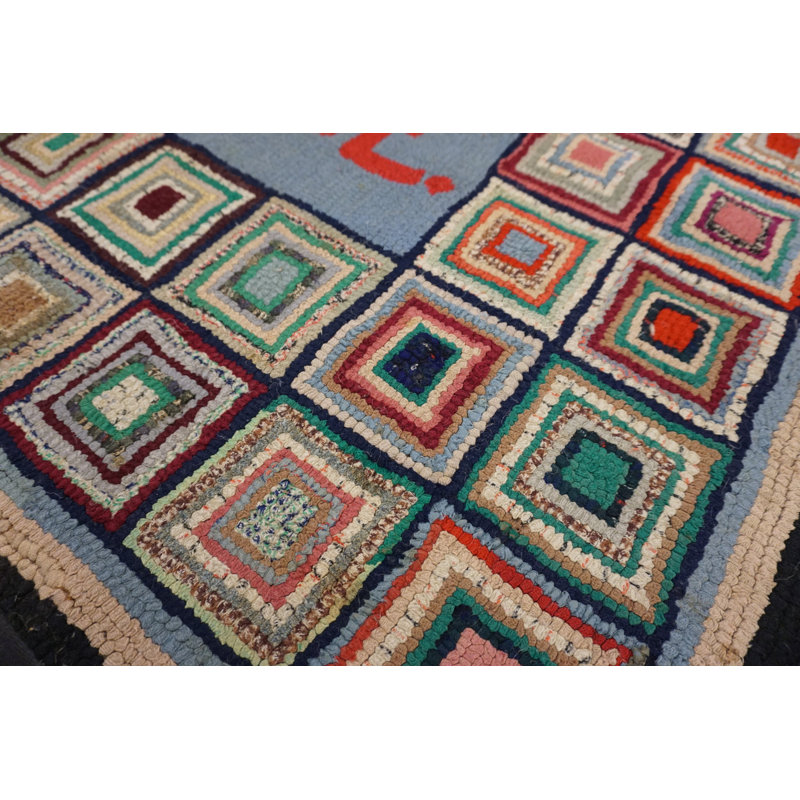 Folk Art Pattern Antique American Hooked Rug Signed Joanne
