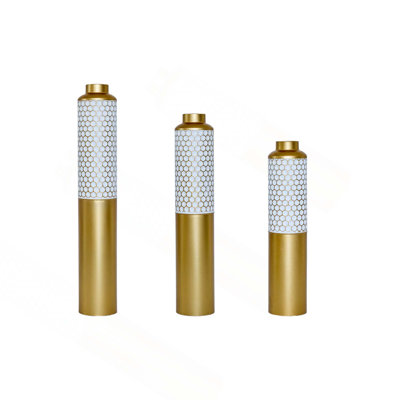 Decorative Metal Vases Set Of 3, Gold And White Hexagonal Pattern Floor Vases, 32.6 28.34 24 Inch Tall For Home Decor, Modern Farmhouse Or Glam Living Room Entryway Centerpiece (5.59In Base)