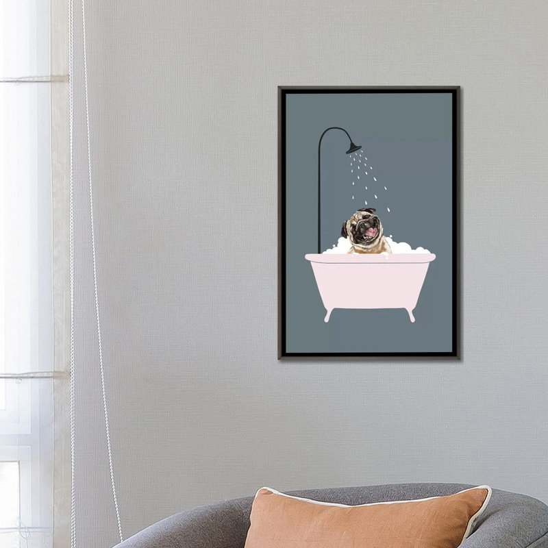 Art de salle de bain carlin à bulles rires, H 26 po x l 18 po x P 1,5 po, Toile avec cadre noir patiné