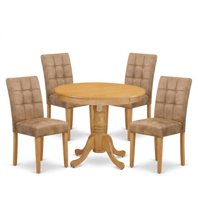 Oak Acacia Wood Round 3 Piece Dining Set with High Back Faux Leather Chairs