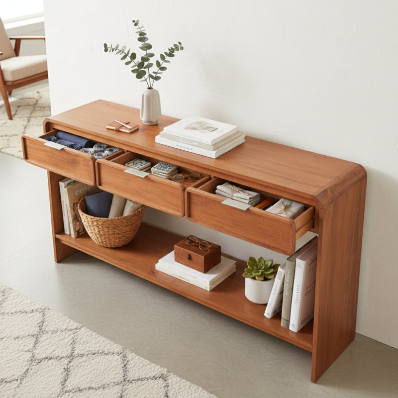 Lanza Scandinavian Mid-Century Console Table With 3 Drawers And Lower Shelf, Brown