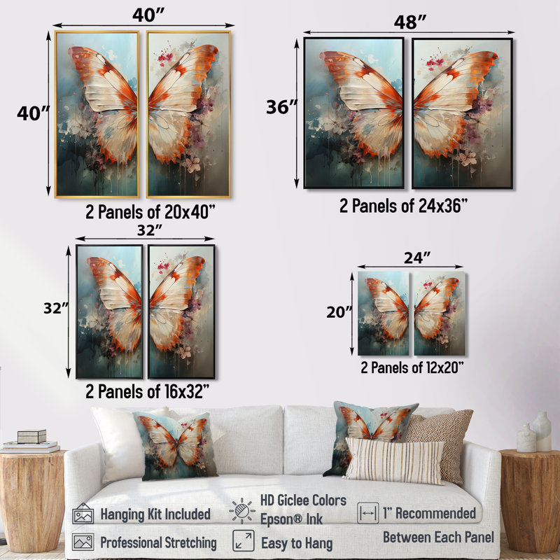 Papillon orange et blanc, papillon, vol II - ensemble de 2 reproductions d'art sur toile grand papillon, H 40 po x l 40 po