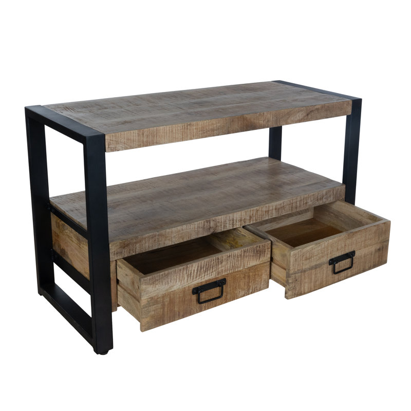 Meuble télé 40 po en bois de manguier avec tiroirs de rangement et structure en métal noir