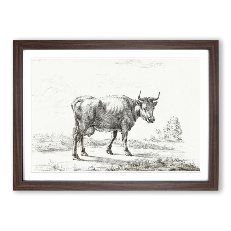 A Cow In The Meadow by Jean Bernard - Single Picture Frame Print, Walnut Framed, 33cm H x 45cm W x 2cm D