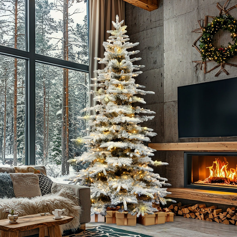 12-Foot White Flocked Pine Christmas Tree with LED Lights