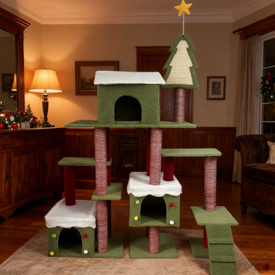 Large tour d'arbre à chat de Noël de 74,4 pouces pour chats d'intérieur, avec étoile dorée et cordes à gratter félines, avec cabines fermées confortables