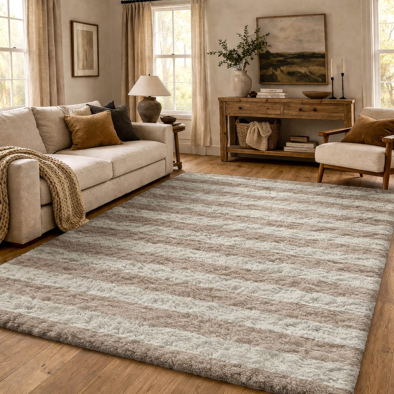 Premium Machine Washable Dream Shag ADS530 Striped Rug, Beige, 5' x 7'6"