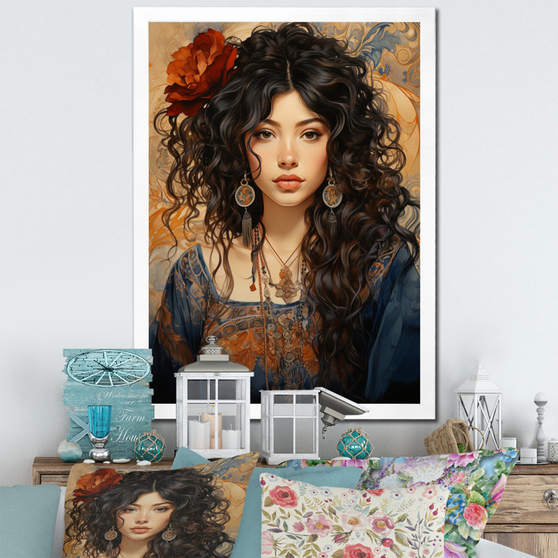Boho Latina Inner Force - Portrait, art mural sur toile, H 32 po x l 16 po x P 1 po, Cadre photo blanc