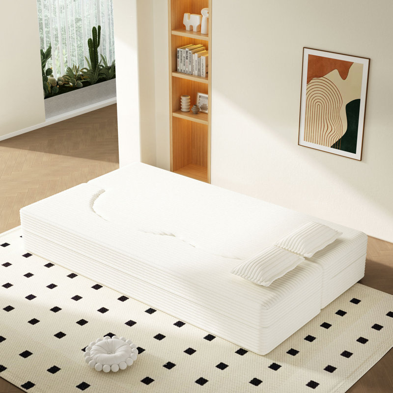 Canapé moderne avec 2 coussins, canapé-lit en velours côtelé et rembourré de mousse, matelas pliant simple de 15 po pour le salon, le lit d'invité, la salle de jeux, aucun assemblage requis