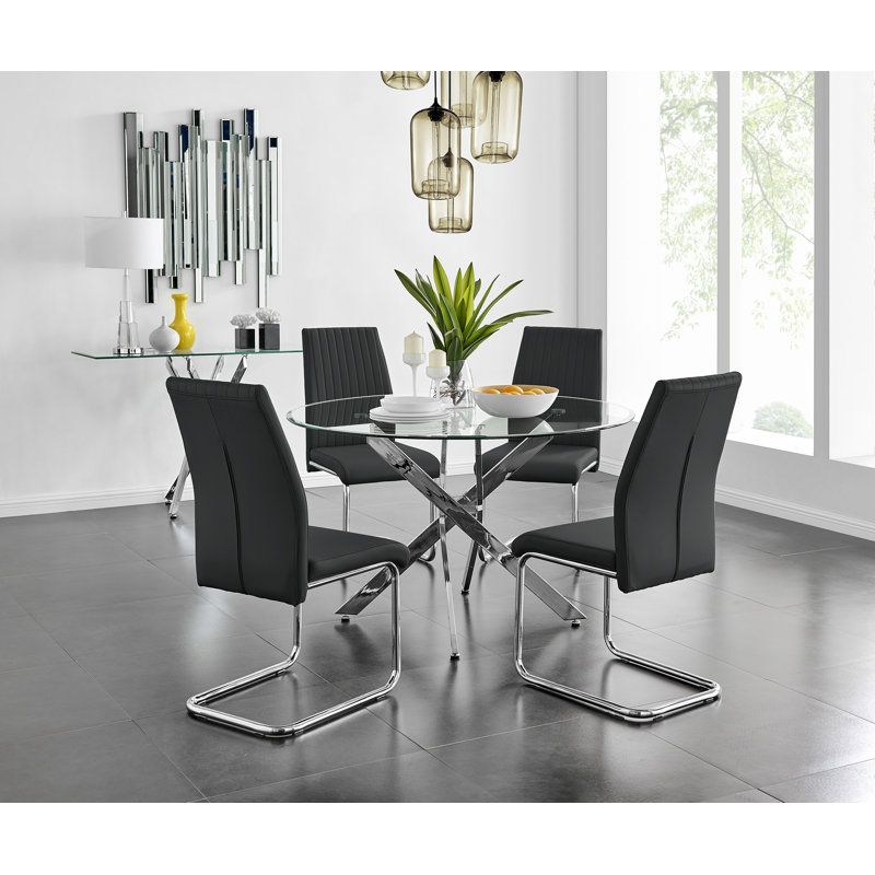 Tierra Modern Chrome Metal & Glass Round Dining Table Set with 4 Upholstered Faux Leather Chairs, Black