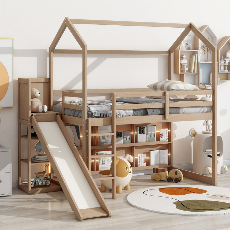 Lit mezzanine en forme de maison avec glissoire, tablettes de rangement et lumière, Bois