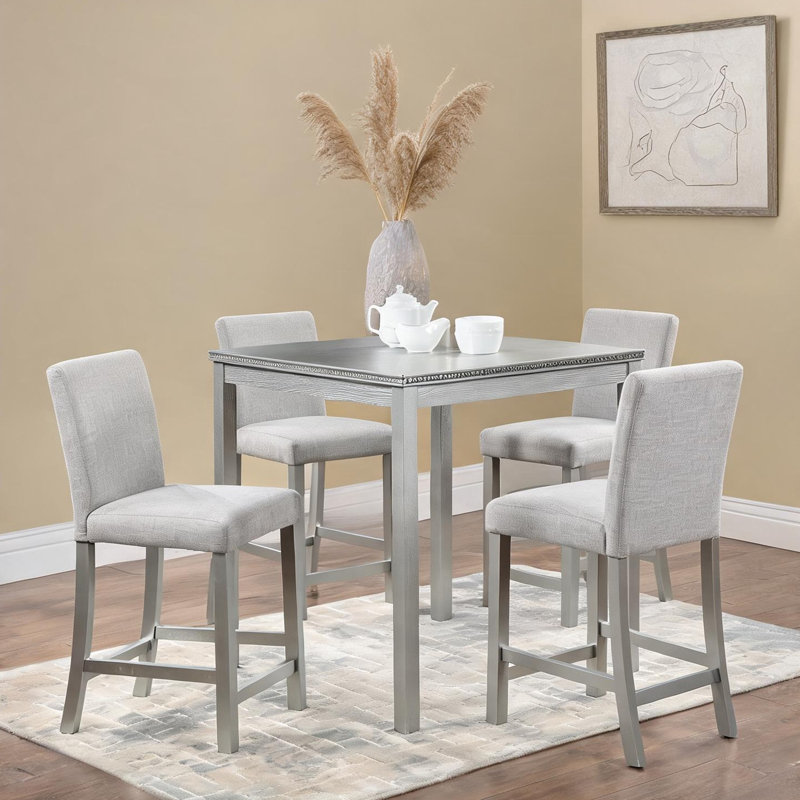 Ensemble de salle à manger 5 pièces à hauteur de comptoir avec 4 chaises rembourrées, table carrée en bois massif gris doux et panneau de fibres à densité moyenne, hauteur de 36 pouces
