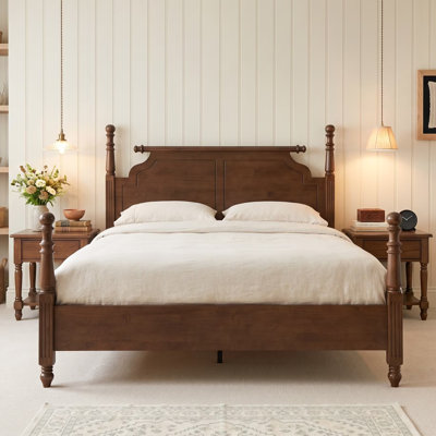Majestic Queen Size Cannonball Solid Wood Poster Bed with Turned Legs & Panel Headboard, Dark Walnut Finish