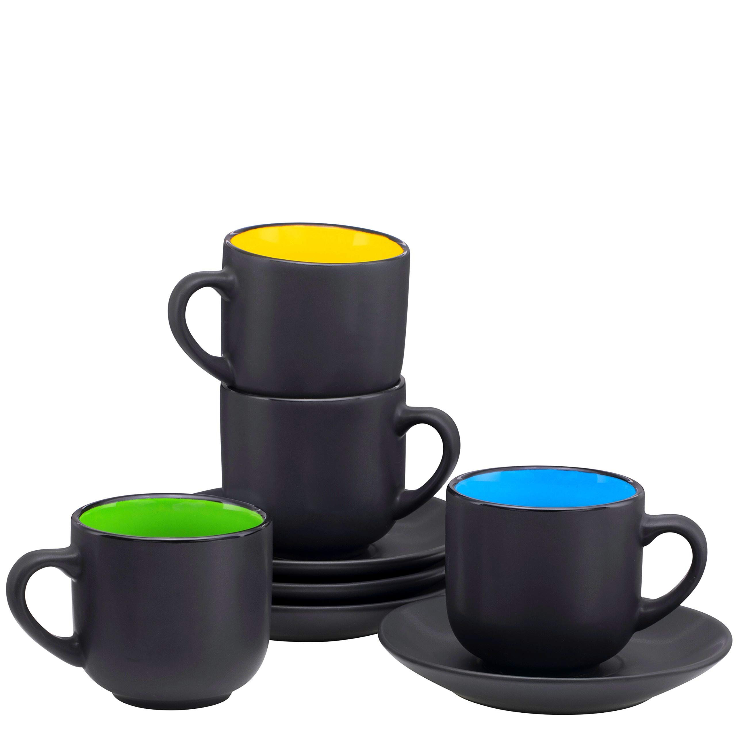 Corrigan Studio Christmas Gift Choice: Espresso Cups and Saucers Set of 4. Small 4 Ounce Stackable Espresso Cups with Rack. Stacking Espresso Coffee