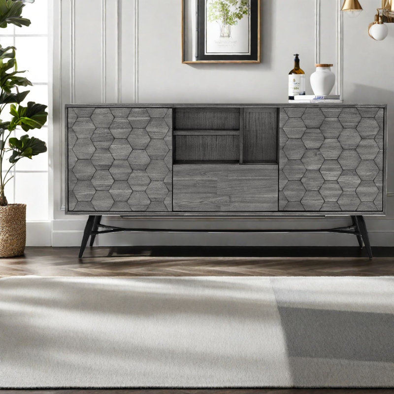 Buffet durable en bois d'acacia gris, buffet moderne avec rangement multifonctionnel
