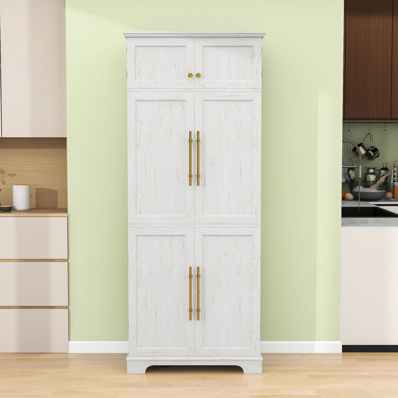 Armoire garde-manger haute avec support à vin, 4 tablettes réglables, tiroir caché et armoire polyvalente, Blanc rétro
